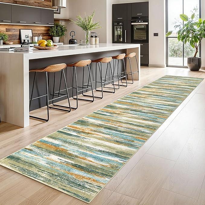 Lansny Modern Abstract Runner Rug 2.6x14, Green Mustard Multi Washable Long Kitchen Runner Non-Slip Soft Hallway Rug Runner Thin Print Faux Wool Carpet for Entryway Bedroom Laundry Room Indoor