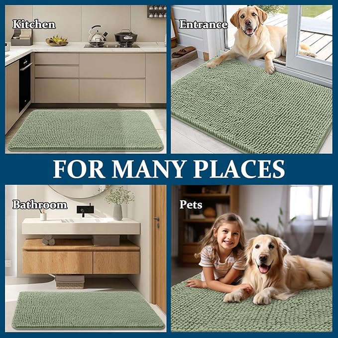 OLANLY Dog Door Mat for Muddy Paws 48x30, Absorbs Moisture and Dirt, Absorbent Non-Slip Washable Doormat, Quick Dry Chenille Mud Mat for Dogs, Entry Indoor Entryway Carpet for Inside Floor, Sage Green