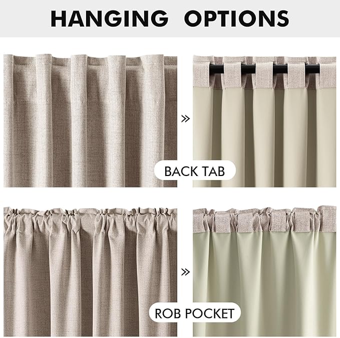 MIULEE 100% Blackout Linen Curtains for Bedroom, Khaki Solid Luxury Decor Thermal Insulation Room Darkening Drapes for Living Room Nursery Back Tab Rod Pocket 42 x 96 Inches, 2 Panels
