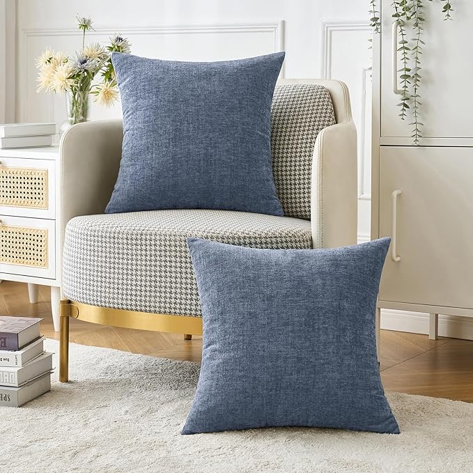 MIULEE Pack of 2 Couch Throw Pillow Covers 16x16 Inch Soft Dark Grey Blue Chenille Pillow Covers for Sofa Living Room Solid Dyed Pillow Cases