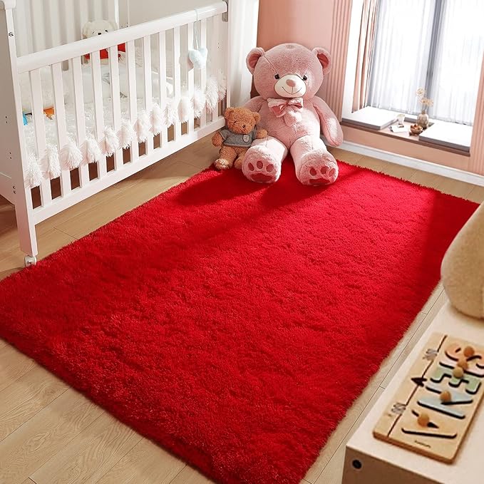 LOCHAS Ultra Soft Indoor Modern Area Rugs Fluffy Living Room Carpets for Children Bedroom Home Decor Nursery Rug 3x5 Feet, Red