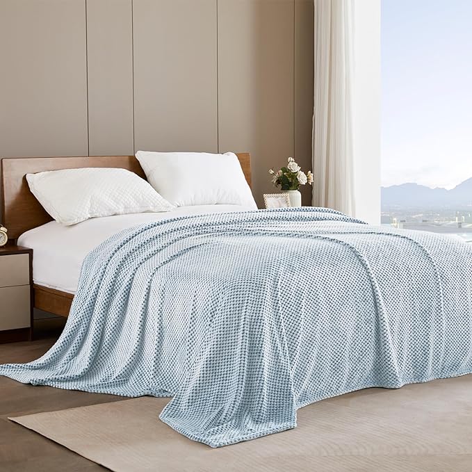 Exclusivo Mezcla Fleece Bed Blanket Queen Size, Super Soft and Warm Blankets for Couch, Sofa and Bed Waffle Textured, Cozy, Fuzzy and Lightweight (Heather Slate Blue, 90x90 Inches)