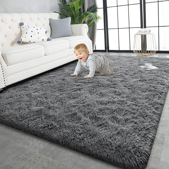 TWINNIS Super Soft Shaggy Rugs Fluffy Carpets, 8x10 Feet, Indoor Modern Plush Area Rugs for Living Room Bedroom Kids Room Nursery Home Decor, Upgrade Anti-Skid Rectangular Fuzzy Rug, Gray