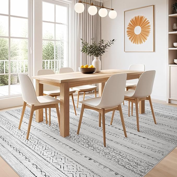 Nakagishi 7x9 Area Rug Living Room: Washable Boho Large Neutral Modern Soft Farmhouse Rugs Stain Resistant Indoor Floor Non-Slip Carpet for Bedroom Nursery Kids Playroom Office Dining Room- Gray