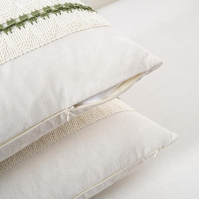 Fancy Homi Set of 1 Boho Moss Green Euro Decorative Throw Pillow Cover 26x26 Inch for Couch Bed Bedroom, Aesthetic Modern Organic Farmhouse Room Decor, Soft Cotton Accent Macrame Woven Cushion Case