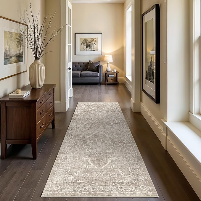 Hallway 2x6 Runner Rug - Vintage Non-Slip Long Rug for Entryway Low-Pile Washable Medallion Runner Rugs for Hallway Waterproof Traditional Runner Rug Indoor Thin Rugs for Kitchen (Beige)