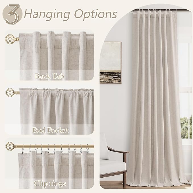 Guken 100% Blackout Curtains 108 Inch Length 2 Panels Set for Living Room Bedroom Back Tab Thermal Insulated Black Out Linen Drapes Room Darkening Window Curtains 108 Inches Long, Sand Beige