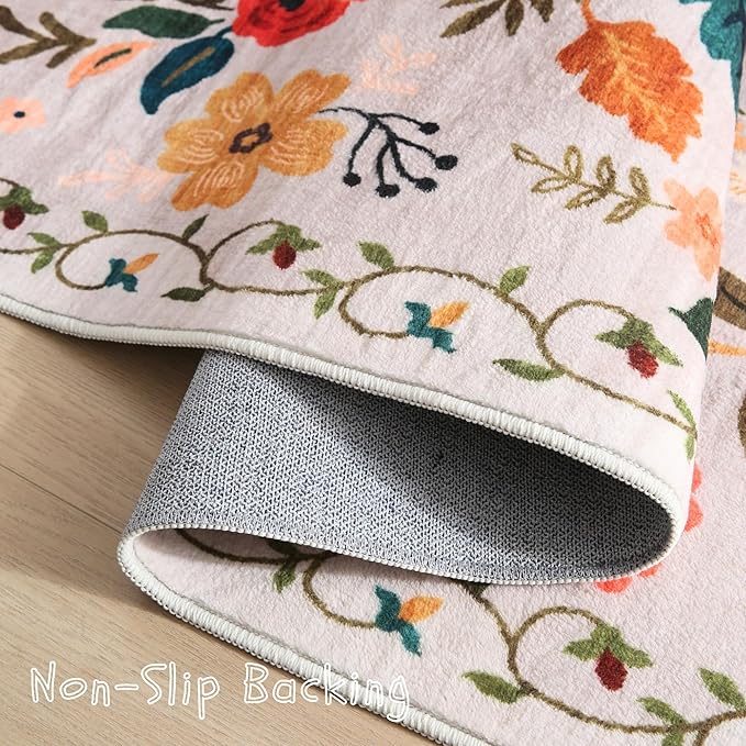 Rugcomf Living Room Rug 6x9 Rug Machine Washable Boho Area Rug Non Slip Floral Vintage Low Pile Large Rug for Living Room, Bedroom, Farmhouse, Dining Room, Kids Playroom(Beige)