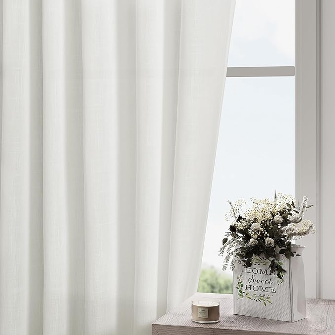 Nanspring Off White Cafe Curtains 45 Inch Length Set 2 Panel Back Tab Pocket Semi Sheer Short Linen White Curtain Tiers for Small Bathroom Window Basement 52x45