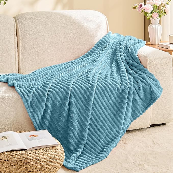 BEDELITE Fleece Throw Blanket for Couch – 3D Ribbed Jacquard Soft and Warm Decorative Fuzzy Blanket – Cozy, Fluffy, Plush Lightweight Washed Blue Throw Blankets for Bed, Sofa, 50x60 inches