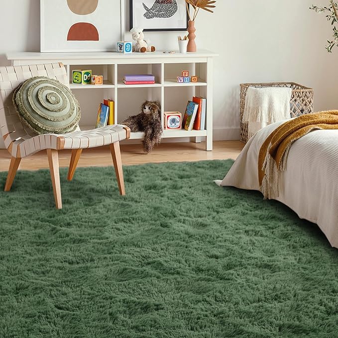 8x10 Ft Extra Large Shag Green Area Rug for Living Room, Ultra Soft Fluffy Furry Rugs for Bedroom Classroom Indoor Floor, Aesthetic Carpet for Kids Home Decor