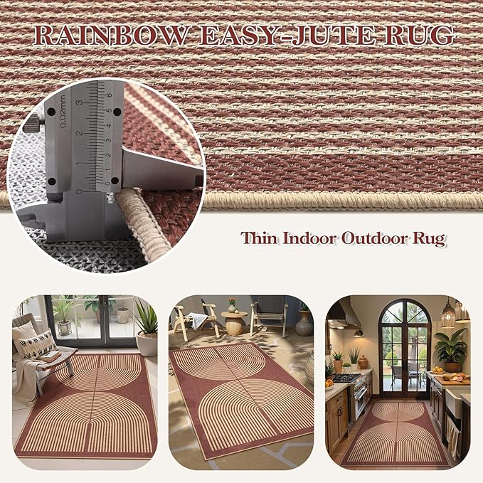 Lahome Enfys Modern Rainbow Easy Jute Patio Rug, 3x5 Washable Entry Way Rugs Indoor for Living Room Dorm, Farmhouse Red Indoor Outdoor Carpet for Entryway Deck Porch