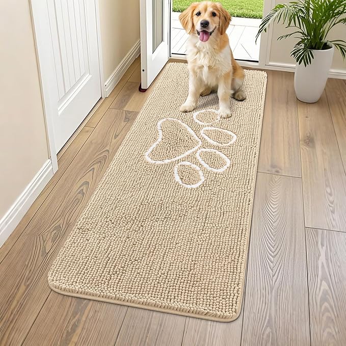 Smiry Dog Door Mat for Muddy Paws, Absorbent Dirt Trapper Non Slip Quick Dry Washable Chenille Mat for Mud Dogs, Entry Rug for Indoor and Outdoor (59x24 Inches, Beige and White)