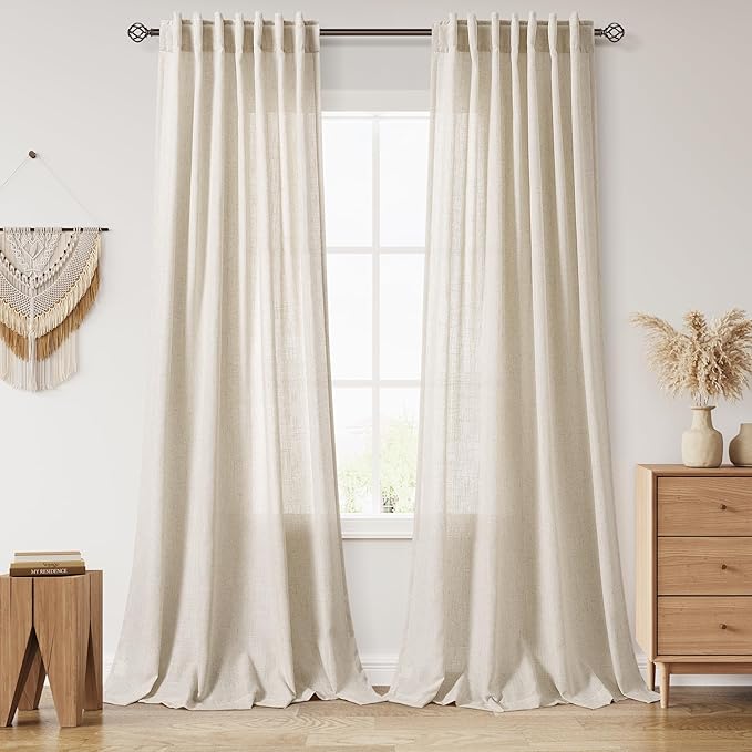 Boho Linen 112 Inch Curtains for Living Room Light Filtering Semi Sheer Curtain Back Tab Boho Eclectic Home Decor Elegant Farmhouse Drapes Floor to Ceiling High Window for Bedroom 52x112, 2 Panels