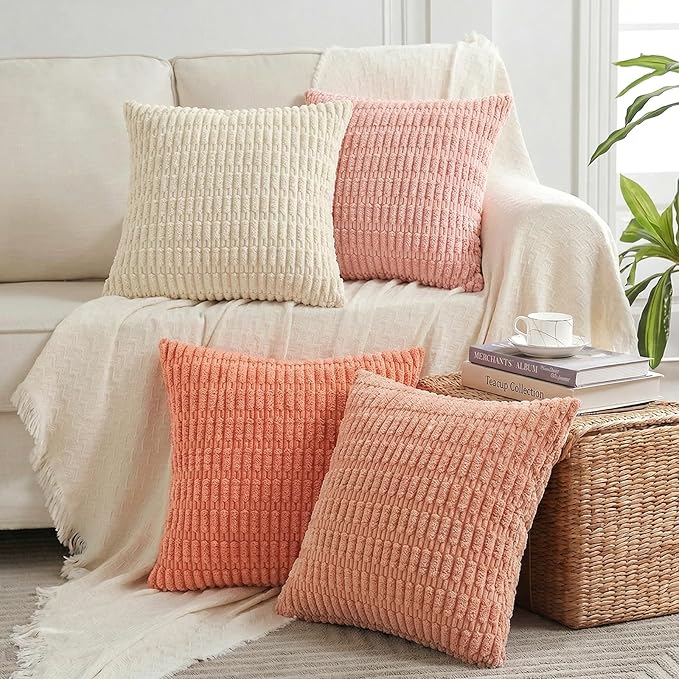 Fancy Homi 4 Packs Blush Pink Decorative Throw Pillow Covers 18x18 Inch for Living Room Couch Bed Sofa, Soft Plush Striped Corduroy Square Light Pink Coral Peach Cream Colorful Cushion Case 45x45 cm