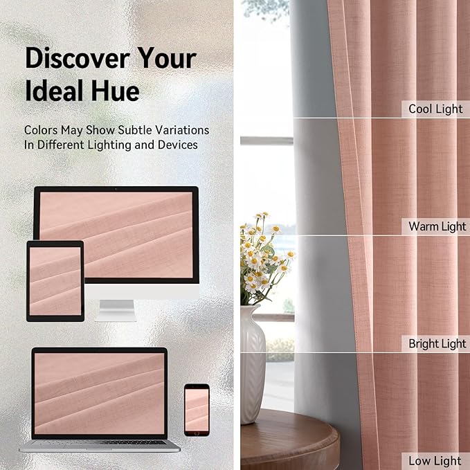 100% Blackout Shield Linen Blackout Curtains for Bedroom, Blush Pink Grommet Curtains for Living Room, Thermal Insulated Room Darkening Drapes for Nursery, Boho Home Decor, 50" W x 72" L, 2 Panels