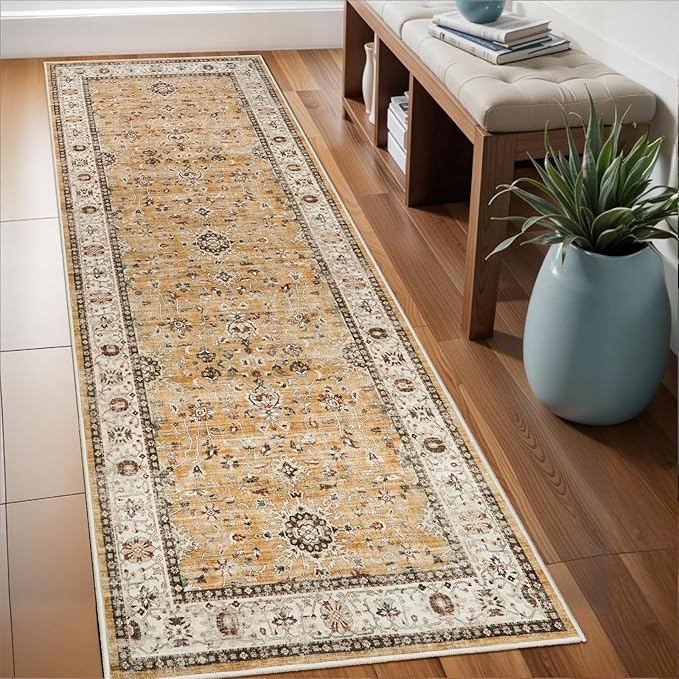 Washable Runner Rug 2x6 - Hallway Runner Rug Kitchen Rugs and Mats Non Skid Washable Waterproof Carpet Runner for Living Room Bedroom Bathroom (Gold, 2X6)