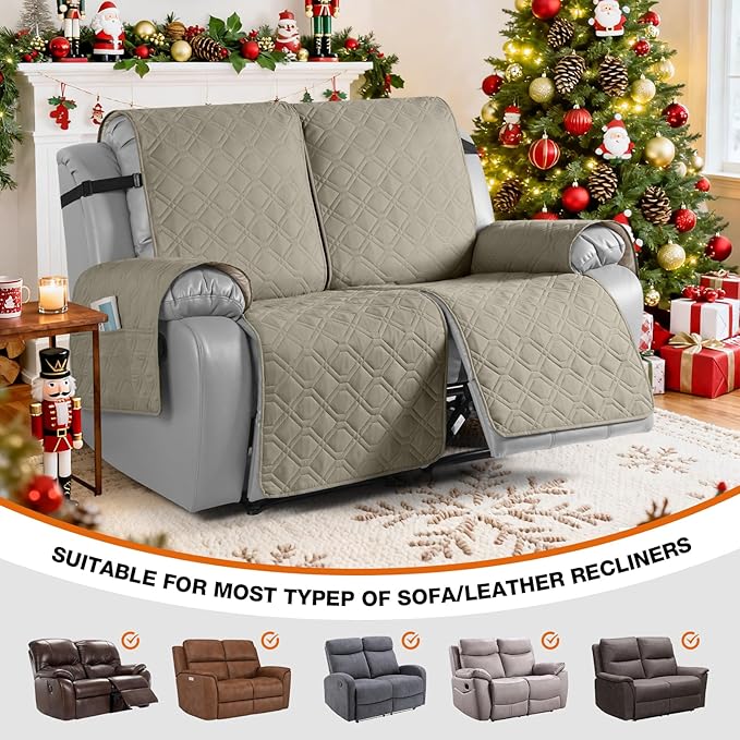 VANSOFY Waterproof Recliner Couch Covers, Sofa Covers 1-Piece Washable Reclining Sofa Cover Non-Slip Furniture Protector with Elastic Straps Pocket for Dogs, Pets(Khaki,2 Seater)