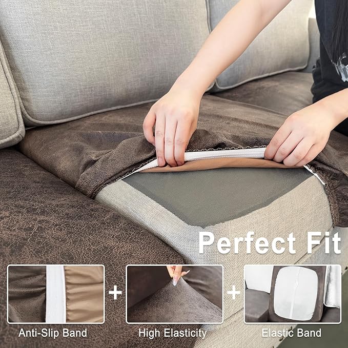 Leather Look Couch Cushion Covers Sofa Seat Slipcovers Sets Couches Furniture Protector for Sectional Armchair Loveseat Pets Kids Stretch Spandex Fabric (2 Cushion Sofa, Light Brown)