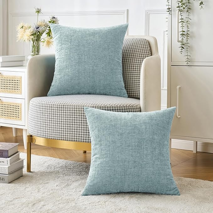 MIULEE Pack of 2 Light Blue Throw Pillow Covers 16x16 Inch Soft Chenille Pillow Covers for Sofa Living Room Spring Home Decor Couch Solid Dyed Cases