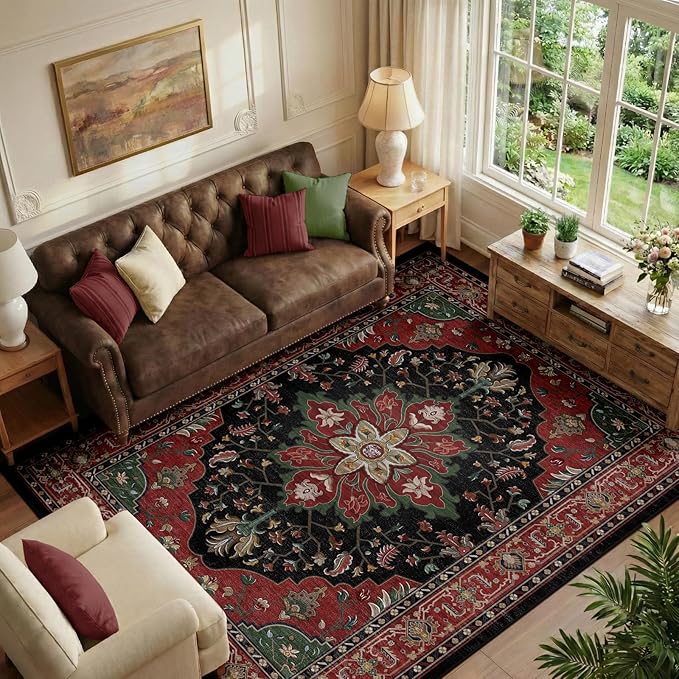 Area Rugs 6'x9' Washable Non-Slip, Floral Vintage Distress Print Pattern Medallion Carpet for Living Room Bedroom Dining Room, Red Black