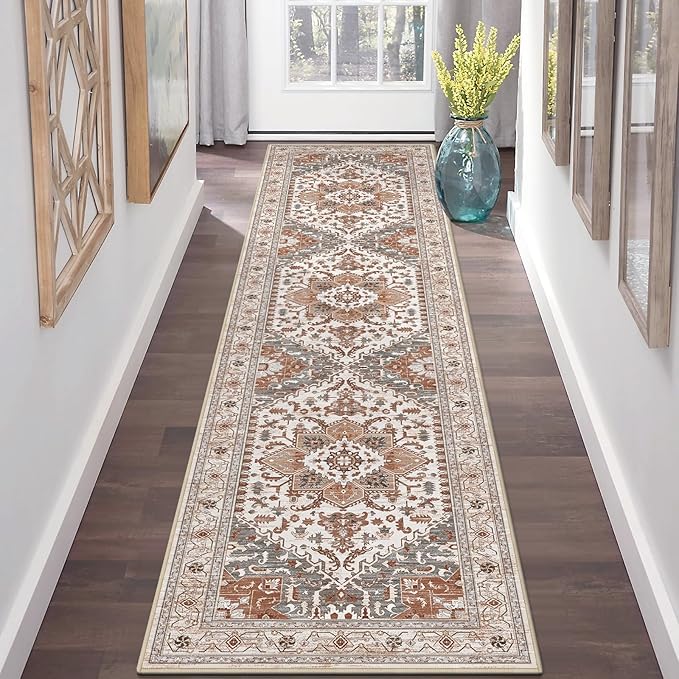 Yamaziot Washable Runner Rug, 2x8 Non-Slip Boho Vintage Hallway Rug Runner with Rubber Backing, Low Pile Faux Wool Distressed Carpet Runner for Bedroom, Kitchen, Laundry, Entrance, Ginger Grey