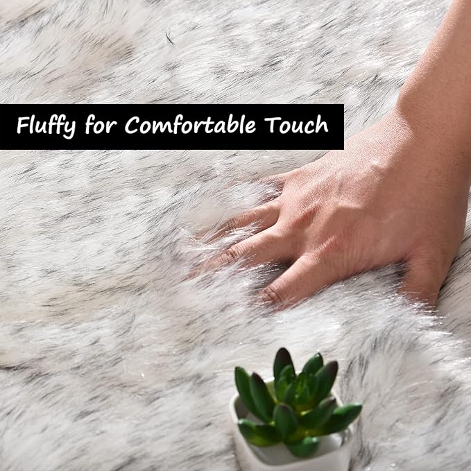 Goolela Sheepskin Area Rug 10x12 Fluffy Fuzzy Faux Fur Carpet for Living Room Bedroom Furry Shaggy Plush Washable Rectangle - White with Grey Tips