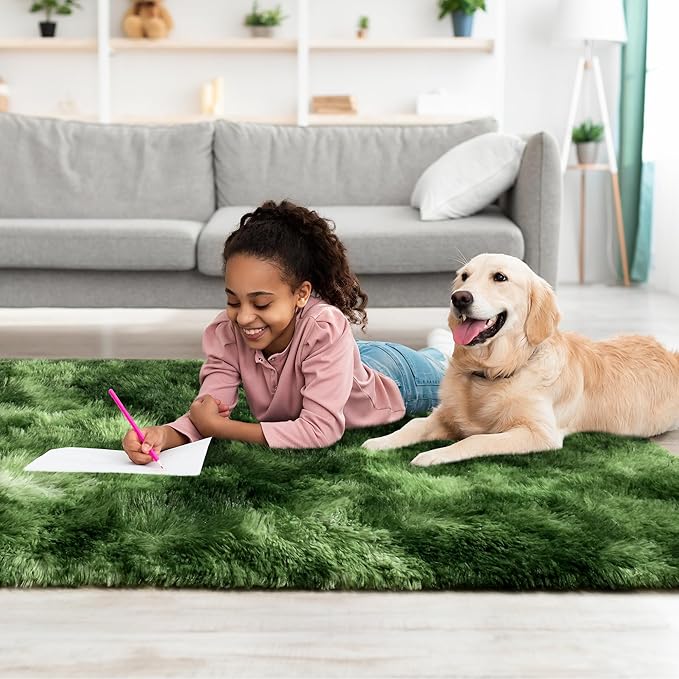Tepook Soft Runner Rugs for Bedroom 2x6 with Rubber Backing, Tie-Dyed Dark Green Fluffy Rugs for Hallway, Shag Bedside Rug Fuzzy Plush Carpet for Living Room Dorm Nursery Indoor Home Decor