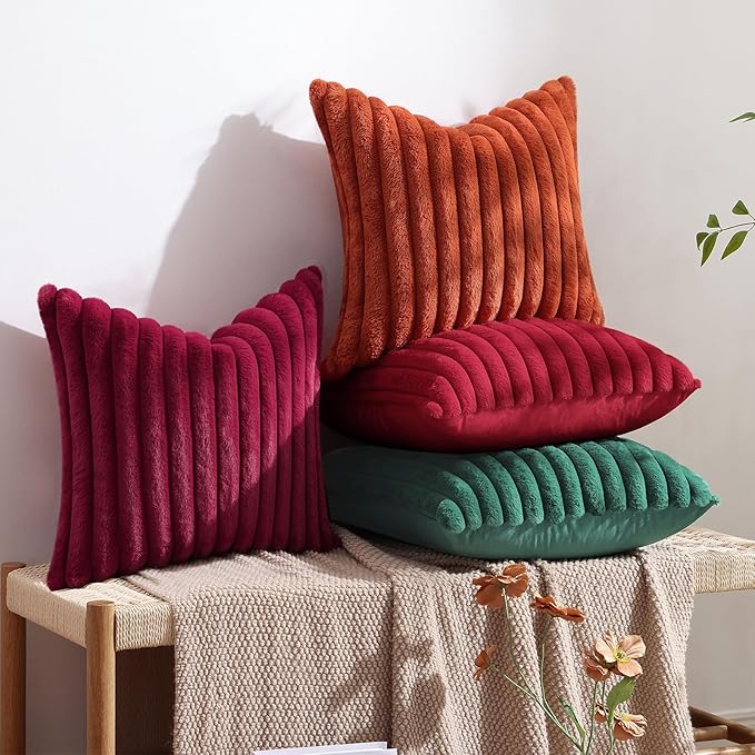 decorUhome Cozy Faux Fur Throw Pillow Covers 26x26 Set of 2 Decorative Soft Plush Striped Modern Farmhouse Boho Couch Euro Sham Pillow Cases with Velvet Back for Sofa Bed Living Room, Red