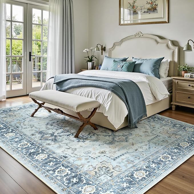 Lofus 6x9 Area Rugs for Living Room, Machine Washable Non-Slip Area Rug, Low Pile Large Rugs for Bedroom, Kitchen, Dining Room, Home Office, Vintage Oriental Print Rug, Blue Gold