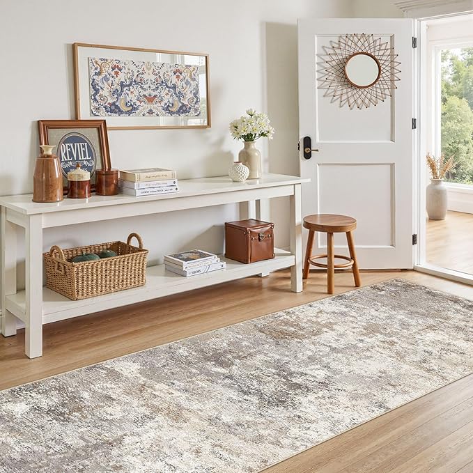 UERMEI 3X8 Washable Runner Rug for Hallway: Soft Neutral Modern Abstract Area Rug - Non-Slip Low Pile Long Throw Indoor Carpet for Kitchen Entryway Kitchen Bedroom Laundry Bathroom - Brown Grey