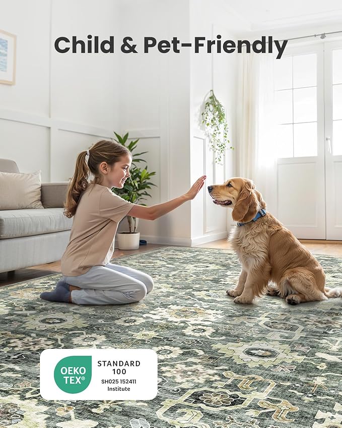 AMADA HOMEFURNISHING 9x12 Washable Area Rug, Low-Profile Large Area Rug with Non-Slip Backing & Durable Edge Binding, Vintage Large Rugs for Living Room, Bedroom & Dining Room