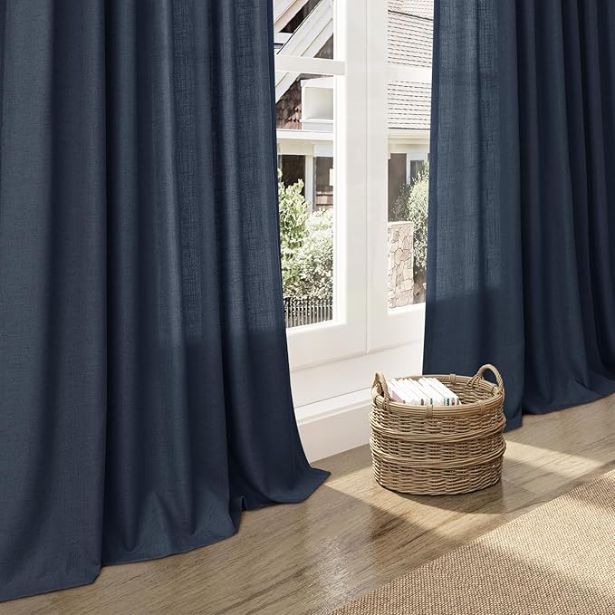 Vintage Blue Linen Curtains 72 Inch Length for Living Room Lightweight Door Drapes 2 Panels Set for Kids Bedroom Sheer Light Filtering Back Tab Rod Pocket Curtain for Kitchen Protect Privacy 52x72