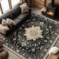 RELEANY Area Rugs 6'x8' Washable Non-Slip, Floral Vintage Distress Print Pattern Medallion Carpet for Living Room Bedroom Dining Room, Black Brown Neutral Dark Tan