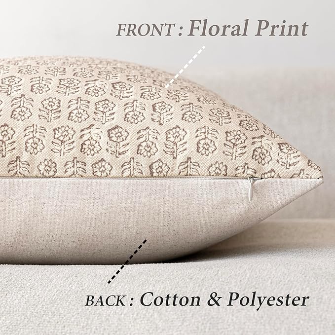Foindtower Set of 2 Decorative Neutral Floral Print Throw Pillow Covers Vintage Accent Farmhouse Cushion Covers Boho Home Decor for Sofa Couch Chair Bedroom Living Room,24×24 Inch,Ivory Beige