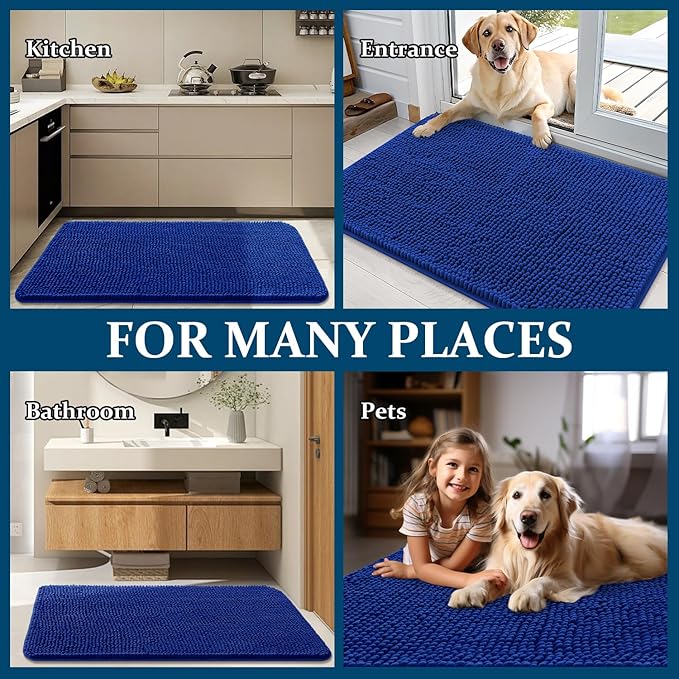 OLANLY Dog Door Mat for Muddy Paws 32x20, Absorbs Moisture and Dirt, Absorbent Non-Slip Washable Doormat, Quick Dry Chenille Mud Mat for Dogs, Entry Indoor Entryway Carpet for Inside Floor, Royal Blue
