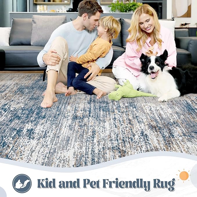 XLUEZ 10x14 Area Rugs for Living Room, Washable Modern Abstract Large Area Rug Neutral Soft Non Slip Kids Rug Stain Resistant Indoor Carpet for Bedroom Dining Room Playroom Office(BlueWhite, 10'x14')