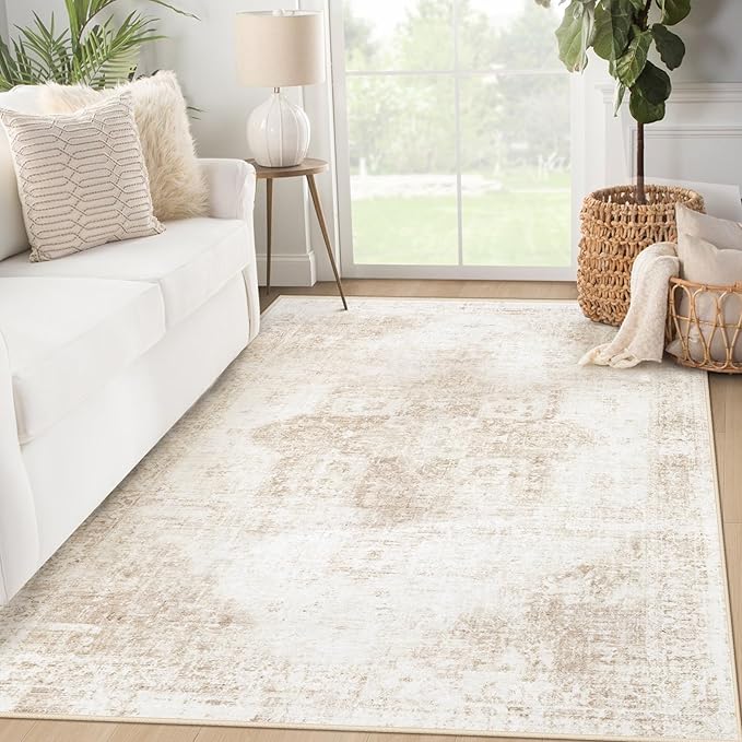 Area Rug 3x5 Washable Rug, Vintage Boho Medallion Entryway Rug Non-Slip Soft Low Pile Small Distressed Floor Carpet Retro Doormat for Kitchen Bedroom Laundry Bathroom Hallway (Beige, 3'x5')