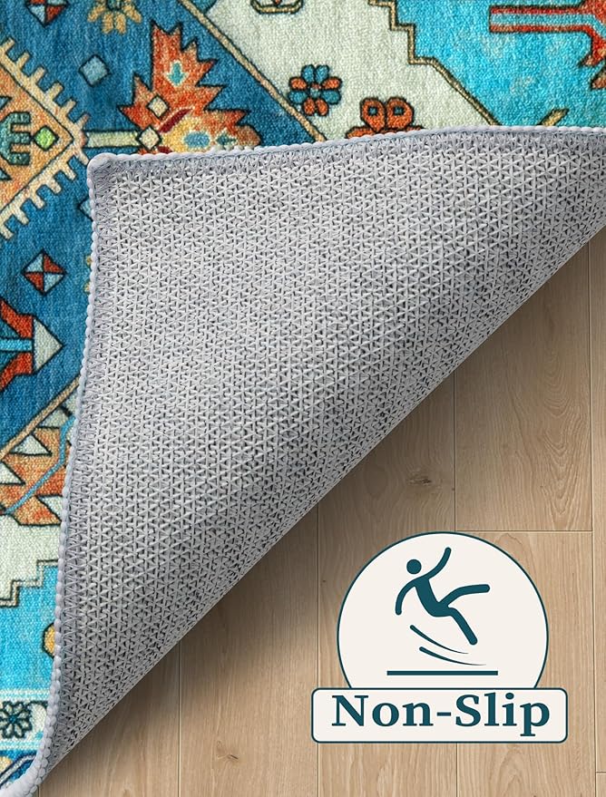 SERISSA Boho Washable Runner Rug, 2'6"x10' Rug Runner Non-Slip Vintage Blue Hallway Kitchen Runner Rug Ultra Soft Print Distressed Tribal Floor Carpet Runner for Bedroom Bathroom Laundry Room