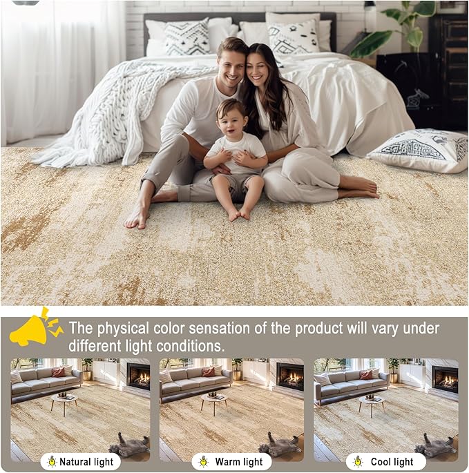 Area Rugs 10x14 Living Room - Washable Rug Modern Abstract Soft Large Neutral Non-Slip Carpet Indoor Floor Thin Carpets for Bedroom Dining Room Farmhouse Nursery Home Office Beige