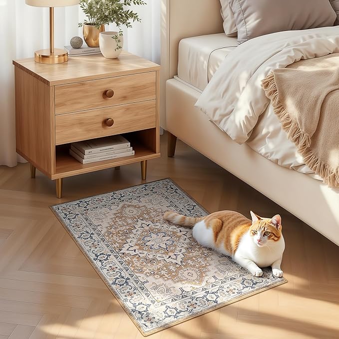 Lofus 2x3 Washable Rug for Entryway Bathroom, Non Slip Kitchen Mats for Floor, Vintage Soft Door Mat Indoor Entrance, Small Area Rugs, Farmhouse Carpet for Entry Living Room Bedroom, Floral Brown