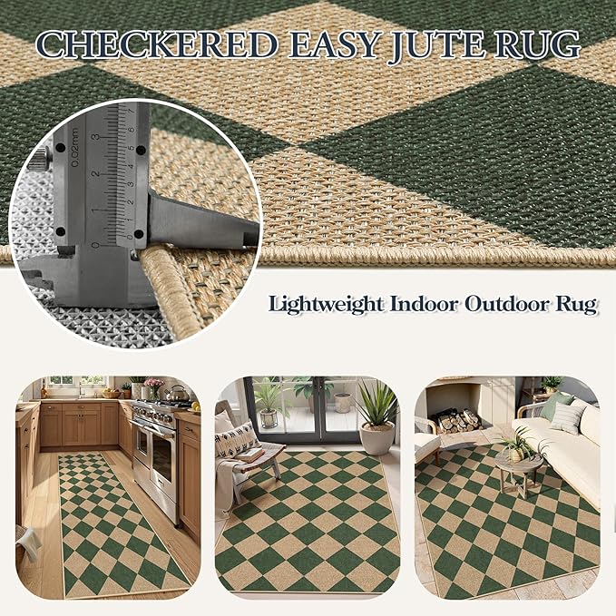 Lahome Colette Checkered Washable Rugs 8x10, Easy Jute Rug for Living Room Patio, Farmhouse Neutral Indoor Outdoor Carpet Non Slip Non Shedding Floor Carpet for Office Deck Backyard