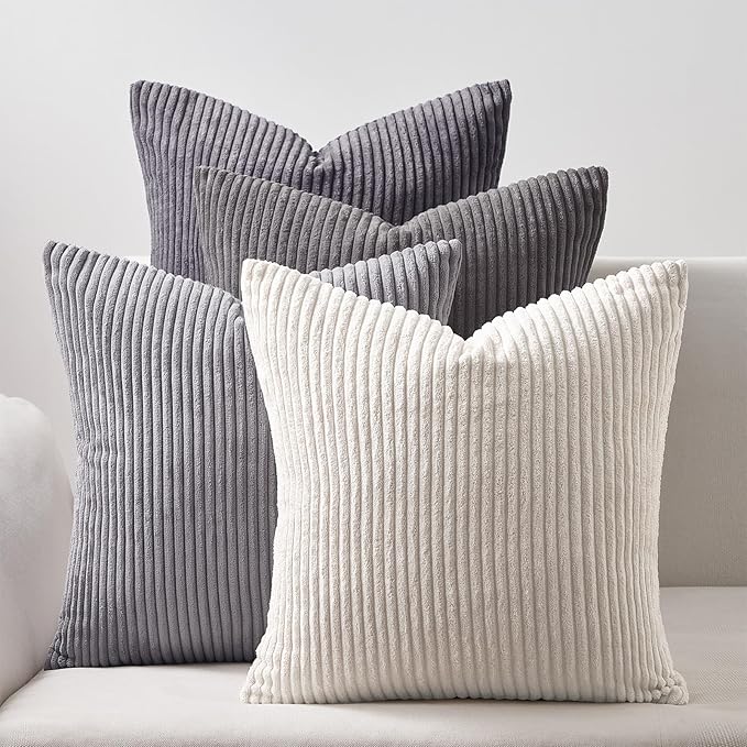 Topfinel 55x55cm Gray Set of 4 Corduroy Pillow Covers Cushion Cover Decorative Cushion Cover Sofa Cushion Deco for Sofa Bedroom Living Room Balcony Children Gradient