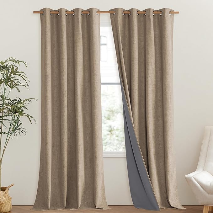 NICETOWN Burlap Vintage Open Linen Weave Flax Thermal Curtains, 100% Blackout Curtains 120" Long for Dining Room, Soundproof Window Treatment Drapes for Hall Room, 52" Wide Per Panel, Set of 2