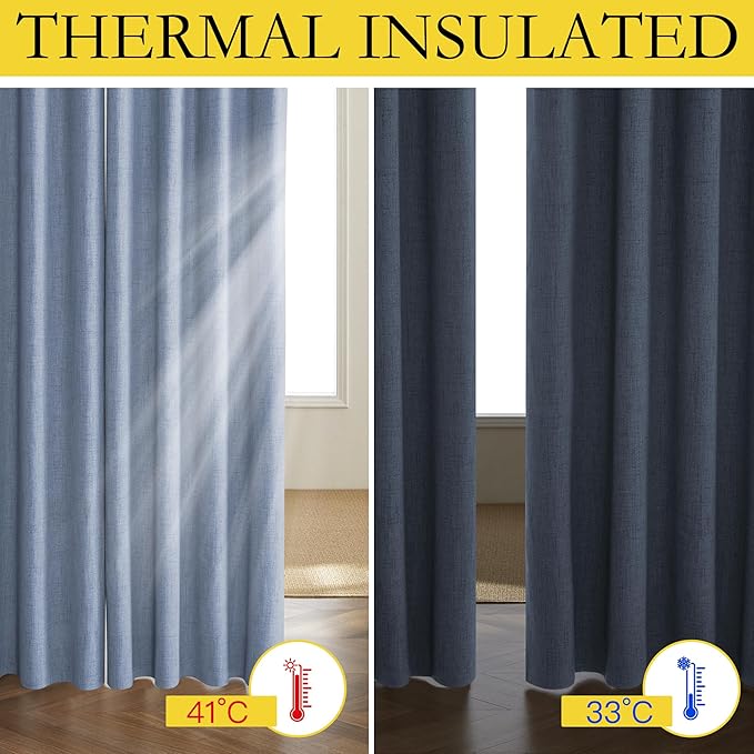NICETOWN Stone Blue Vintage Linen 100% Blackout Curtains for Living Room, Thermal Insulated Curtains 90" Long, Noise Reducing Window Treatment Drapes for Hall Room, 42" Wide Per Panel, Set of 2