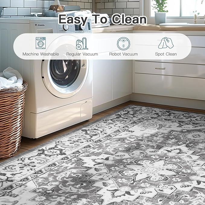Lofus 2x3 Washable Rug for Entryway Bathroom, Non Slip Kitchen Mats for Floor, Vintage Soft Door Mat Indoor Entrance, Small Area Rugs, Farmhouse Carpet for Entry Living Room Bedroom, Floral Grey