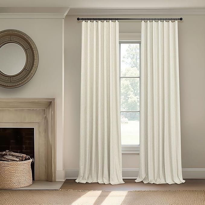 Black Out Curtains 108 Inch Long 2 Panel Set Burlap Primitive Cottage Linen Textured Total Blackout Patio Door Curtain for Living Room Darkening Soundproof Curtains for Bedroom 9ft Back Tab Tan Beige