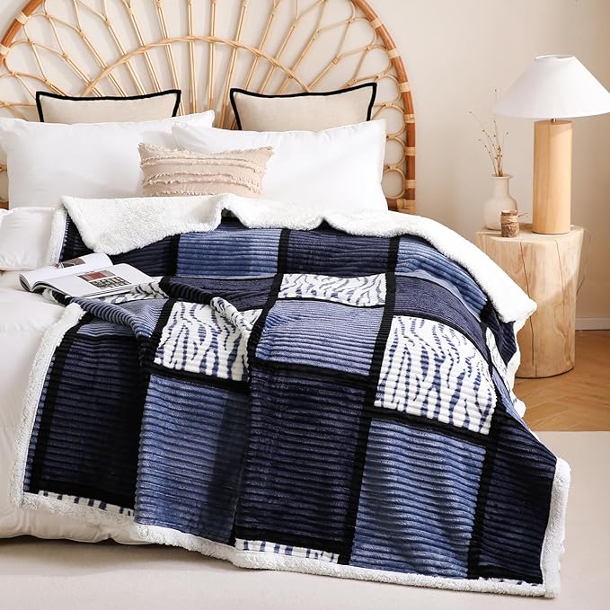 PU MEI Sherpa Blanket Fleece Throw Blanket Twin Plaid Thick Bed Blanket, Soft Warm Cozy Throw Blanket, 60”*80” Zebra-Blue
