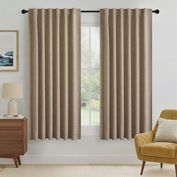 RYB HOME Burlap 100% Blackout Curtains 63 inch Long, Light Blacking & Thermal Insulated Curtains for Nursery/Bedroom/Boys'Room, Back Tab & Rod Pocket Window Treatment, W52 x L63, 2 Panels