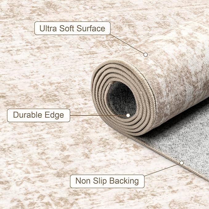 Area Rugs 10x14 Living Room Rug: Washable Rug Soft Vintage Boho Carpet Indoor Floor Non-Slip Stain Resistant Large Carpets for Bedroom Dining Room Farmhouse Nursery Home Office Beige